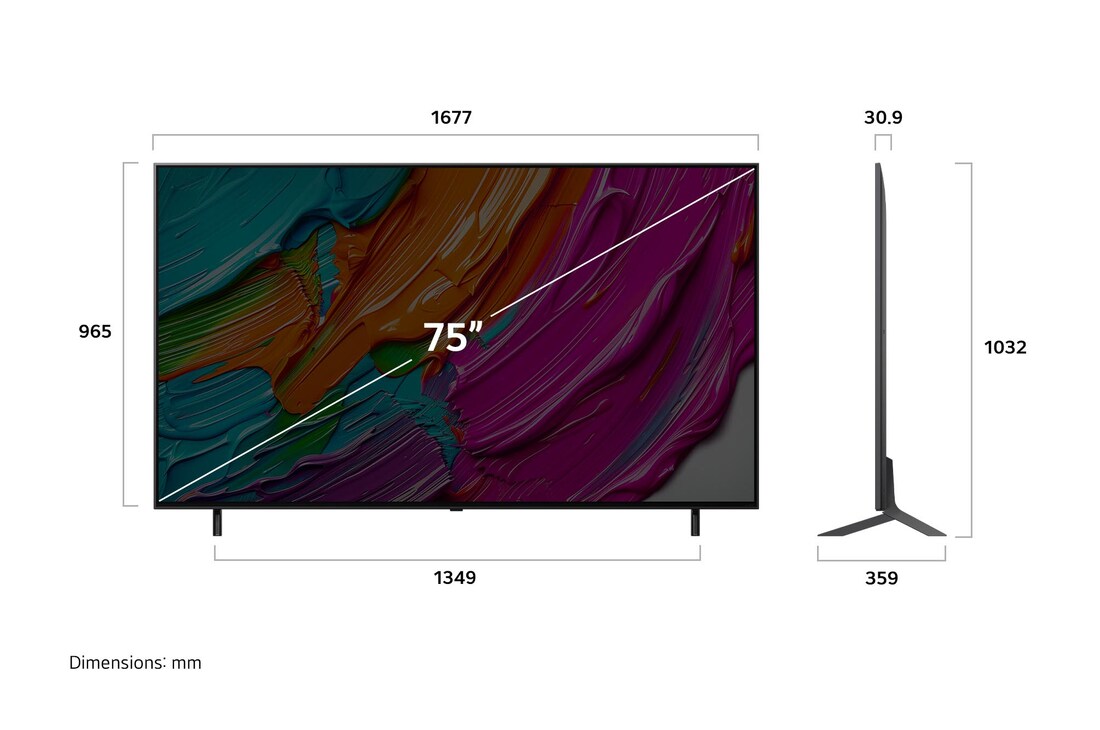 Pohled zepředu a z boku na LG QNED AI QNED8E 4K Smart TV s rozměry na délku, šířku, výšku a hloubku.