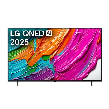 Pohled na televizor LG QNED8E TV zepředu, logo LG QNED Al v horním rohu. LG QNED TV zobrazuje barevné kreslené textury, které se spojují.