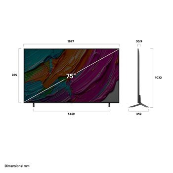 Pohled zepředu a z boku na LG QNED AI QNED8E 4K Smart TV s rozměry na délku, šířku, výšku a hloubku.