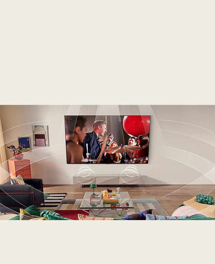 Obývací pokoj s televizorem LG TV připevněným na stěně. Zvukové vlny jsou graficky znázorněny tak, že vyplňují prostor a ukazují, jak virtuální 9.1.2 kanály vytvářejí pro uživatele prostorový zvukový zážitek. 