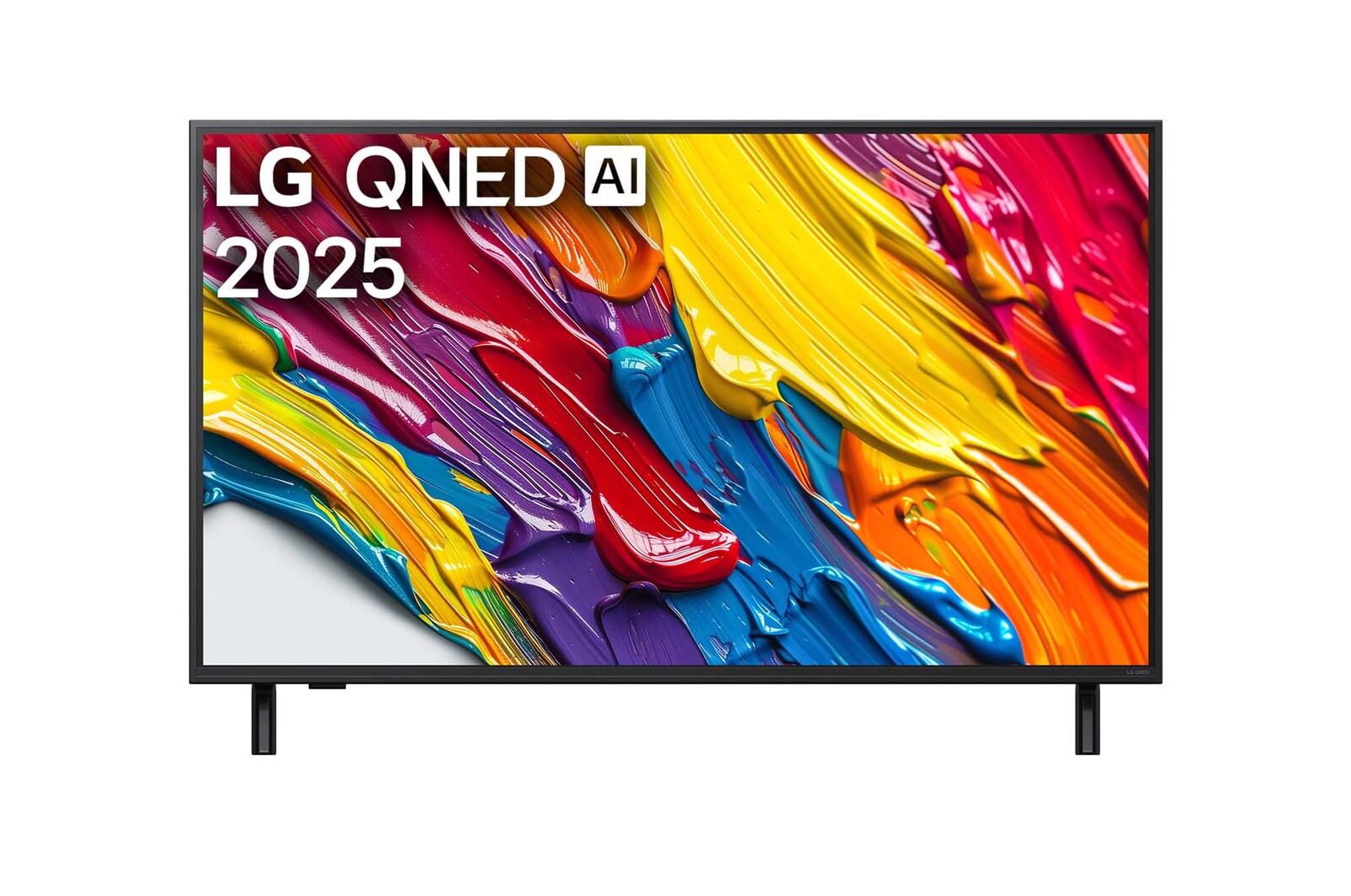Pohled na televizor LG QNED82 TV zepředu, logo LG QNED Al v horním rohu. LG QNED TV zobrazuje barevné kreslené textury, které se spojují.