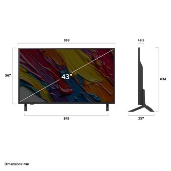 Pohled zepředu a z boku na LG QNED82 AI 4K Smart TV s rozměry na délku, šířku, výšku a hloubku.