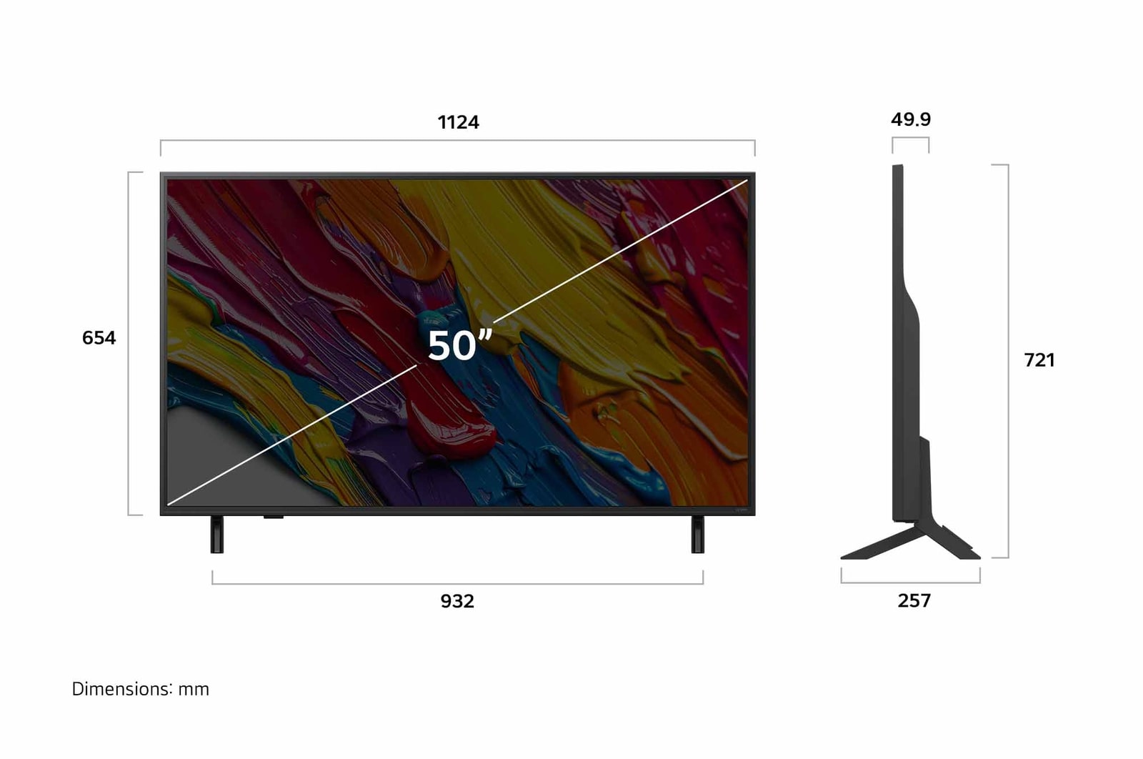 Pohled zepředu a z boku na LG QNED82 AI 4K Smart TV s rozměry na délku, šířku, výšku a hloubku.