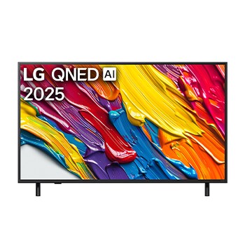 Pohled na televizor LG QNED82 TV zepředu, logo LG QNED Al v horním rohu. LG QNED TV zobrazuje barevné kreslené textury, které se spojují.