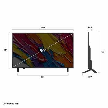 Pohled zepředu a z boku na LG QNED82 AI 4K Smart TV s rozměry na délku, šířku, výšku a hloubku.