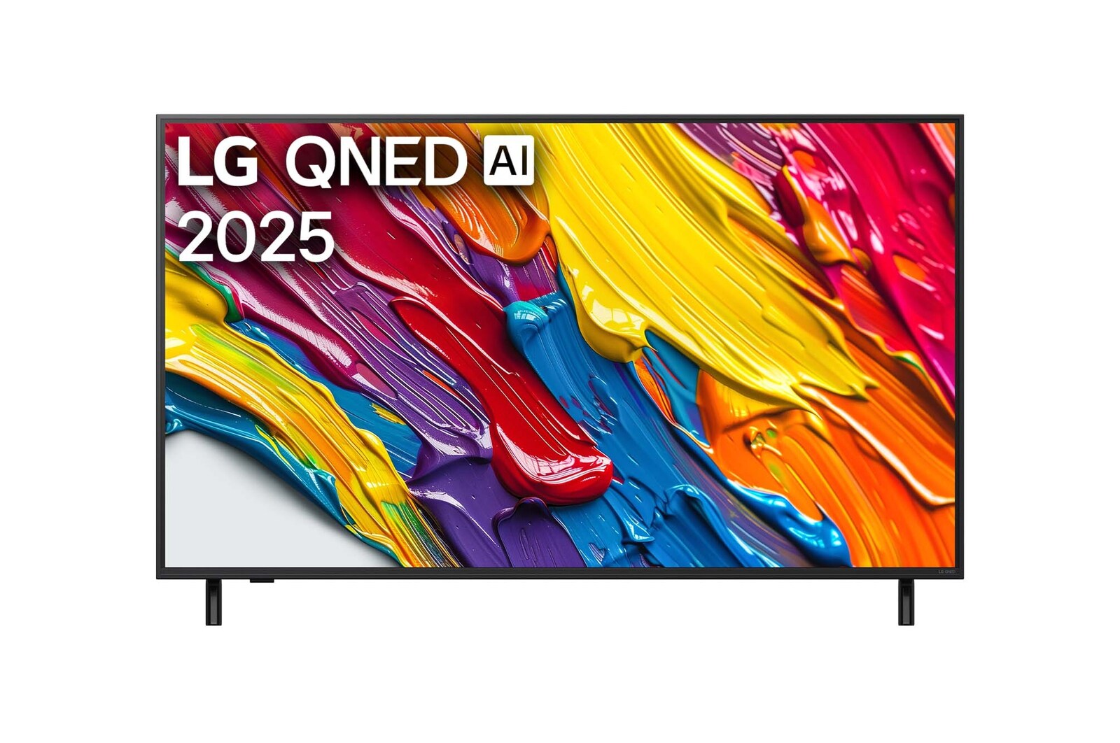 Pohled na televizor LG QNED82 TV zepředu, logo LG QNED Al v horním rohu. LG QNED TV zobrazuje barevné kreslené textury, které se spojují.