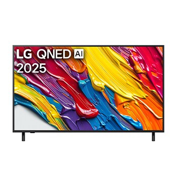 Pohled na televizor LG QNED82 TV zepředu, logo LG QNED Al v horním rohu. LG QNED TV zobrazuje barevné kreslené textury, které se spojují.
