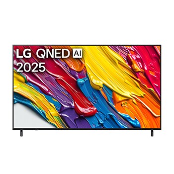 Pohled na televizor LG QNED82 TV zepředu, logo LG QNED Al v horním rohu. LG QNED TV zobrazuje barevné kreslené textury, které se spojují.