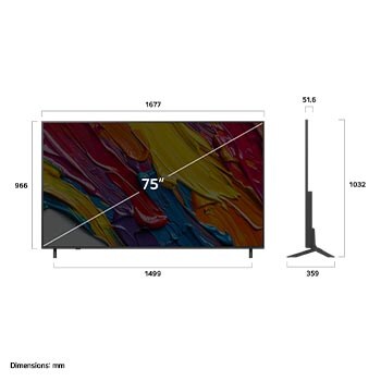 Pohled zepředu a z boku na LG QNED82 AI 4K Smart TV s rozměry na délku, šířku, výšku a hloubku.