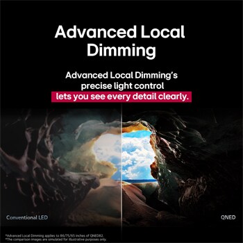 Pohled z vnitřku jeskyně směrem k jejímu vchodu, kde je vidět modrá obloha a horizont. Celá scéna je rozdělena na polovinu, aby demonstrovala schopnosti Advanced Local Dimming technologie QNED. Na jedné polovině jsou barvy a detaily vybledlé a obraz působí zamlženě. Popisek uvádí: Tradiční LED. Druhá strana má skvělou černou, lepší kontrast, jas a barvy. Popisek uvádí: Advanced Local Dimming. Titulek uvádí, jak technologie Advanced Local Dimming zajišťuje ostřejší obraz.