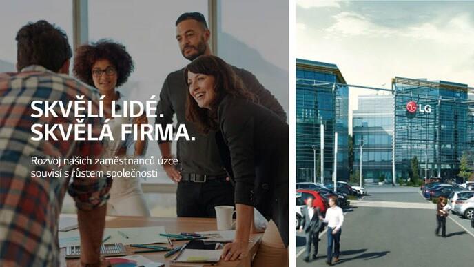 Four people gathered around a table for a meeting on the left, LG Electronic's UK office on the right. Text reads &quot;Skvělí lidé. Skvělá firma. Rozvoj našich zaměstnanců je úzce spojne s rozvojem firmy&quot;.