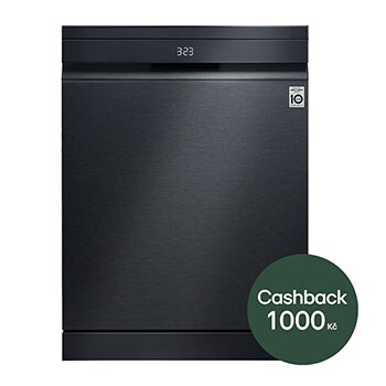 Pohled zepředu na černou myčku LG QuadWash™ DF587HMS s energetickou účinností A -10 %.