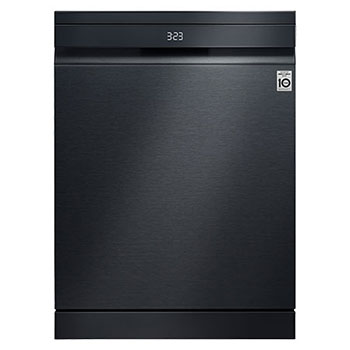 Pohled zepředu na černou myčku LG QuadWash™ DF587HMS s energetickou účinností A -10 %.