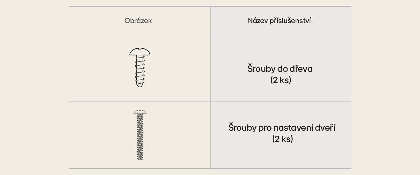 Šrouby do dřeva a šrouby pro nastavení dveří potřebné pro instalaci.	