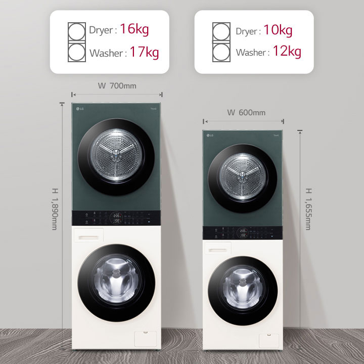 Věž WashTower č. 1 lze sušit 16 kg prát 17 kg, č. 2 lze sušit 10 kg prát 12 kg