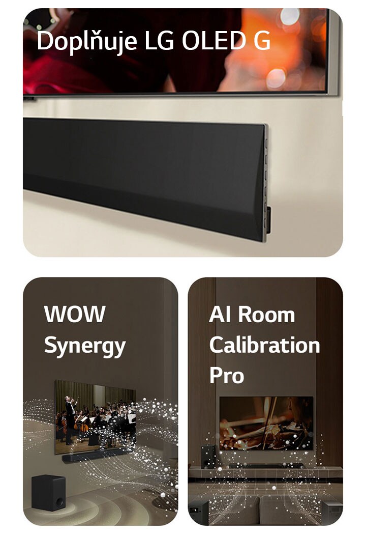 Eine schräge Perspektive vNatočený pohled na spodní část LG TV a LG Soundbar, připevněné ke stěně.   LG Soundbar a LG TV v obývacím pokoji při představení orchestru. Bílé vlny kapiček představující zvukové vlny vystupují ze soundbaru směrem nahoru a dopředu a promítají se z televizoru, protože subwoofer vytváří zvukový efekt zespodu.  V obývacím pokoji se nachází LG Soundbar, LG TV, zadní reproduktory a subwoofer. Nad místností se objeví překryvná mřížka jako sken prostoru. Z čelní perspektivy zadních reproduktorů vycházejí bílé zvukové vlny tvořené kapkami.on der Unterseite eines LG TVs und einer LG Soundbar, die an der Wand befestigt ist.   LG Soundbar und LG TV in einem Wohnzimmer bei der Wiedergabe einer Orchesteraufführung. Von der Soundbar gehen weiße Tröpfchen, die Schallwellen darstellen, nach oben und nach vorne und projizieren vom Fernseher, während der Subwoofer von unten einen Klangeffekt erzeugt.  LG Soundbar, LG TV, hintere Lautsprecher und ein Subwoofer befinden sich in einem Wohnzimmer. Über dem Raum wird ein Raster eingeblendet, das wie ein Scan des Raums wirkt. Aus der Frontalperspektive der hinteren Lautsprecher kommen aus Tröpfchen bestehende weiße Schallwellen.