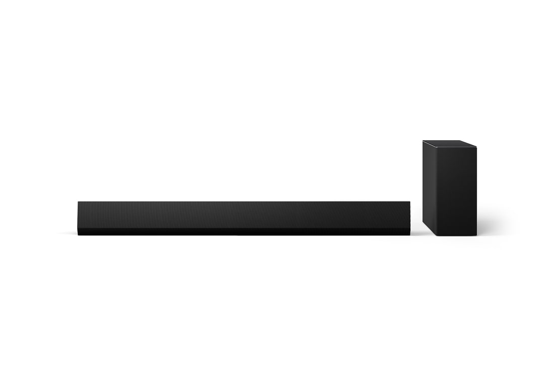 Čelní pohled na LG Soundbar SG10TY a subwoofer