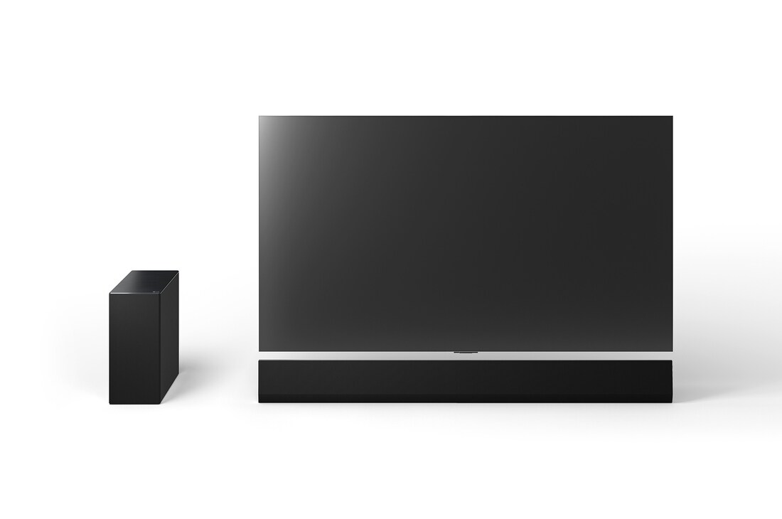 Čelní pohled na 65" LG OLED G4, LG Soundbar SG10TY a subwoofer