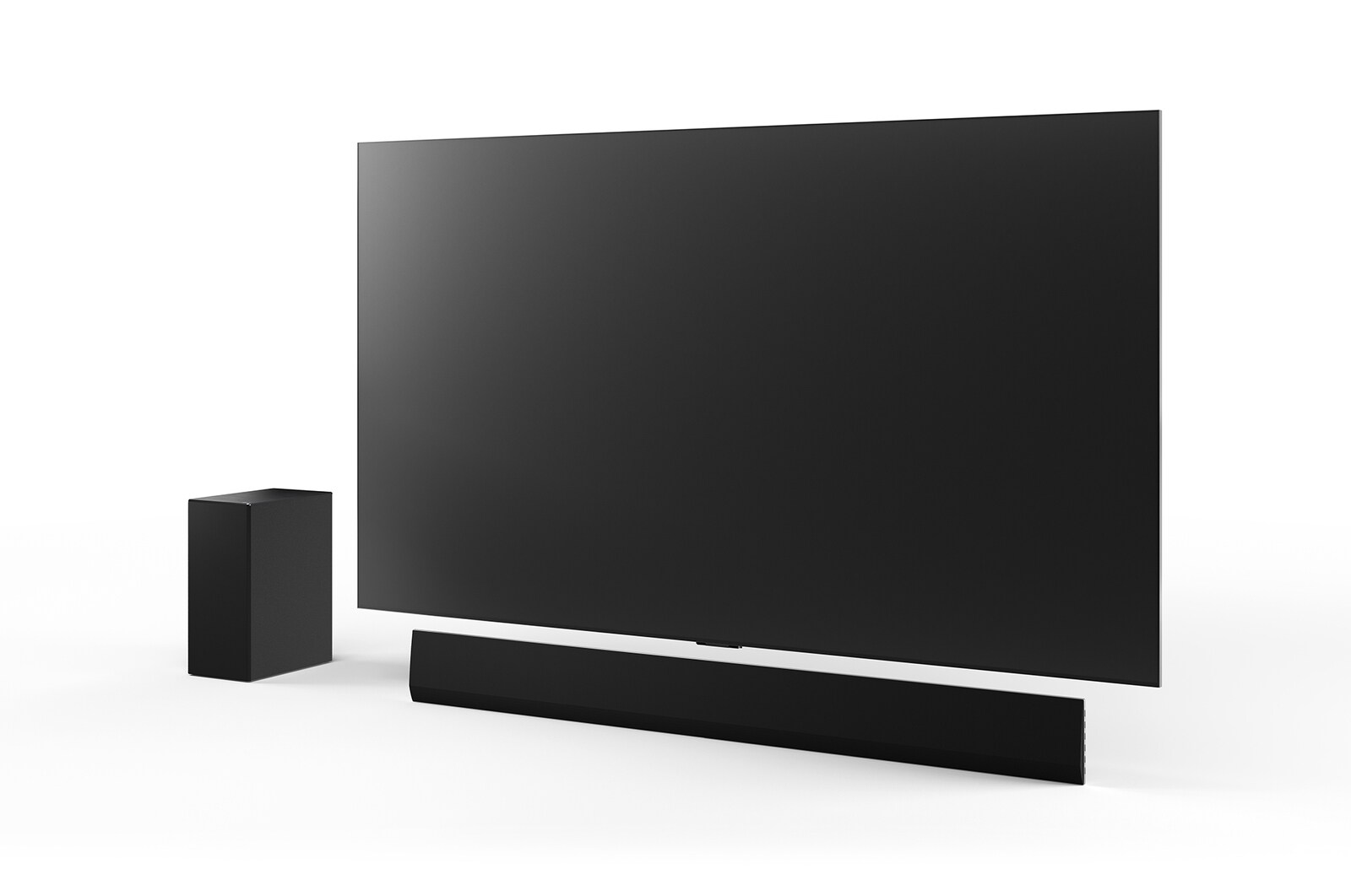 Natočený pohled na 65“ LG OLED G4, LG Soundbar SG10TY a subwoofer