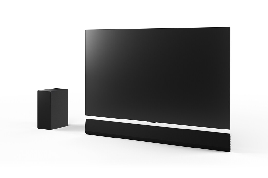 Natočený pohled na 65“ LG OLED G4, LG Soundbar SG10TY a subwoofer