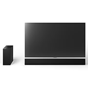 Čelní pohled na 65" LG OLED G4, LG Soundbar SG10TY a subwoofer