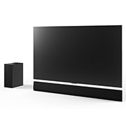Natočený pohled na 65“ LG OLED G4, LG Soundbar SG10TY a subwoofer