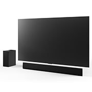 Natočený pohled na 65“ LG OLED G4, LG Soundbar SG10TY a subwoofer