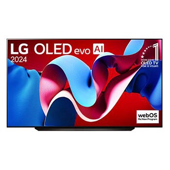 Front view with LG OLED evo TV, OLED C4, 11 Years of world number 1 OLED Emblem logo and webOS Re:New Program logo on screen, as well as the Soundbar below