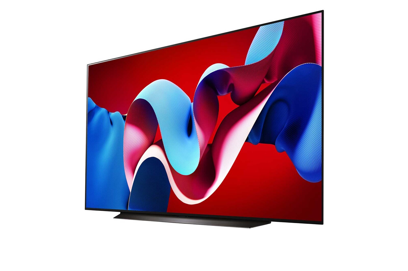 Slightly-angled right-facing side view of LG OLED evo TV, OLED C4 with LG Soundbar below