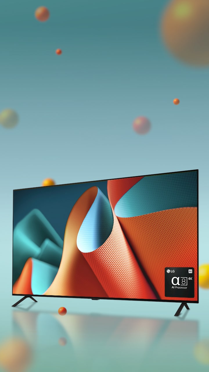 LG OLED B4E otočený o 45 stupňů doleva se žlutou a oranžovou abstraktní kresbou na obrazovce na zeleném pozadí s 3D koulemi. Televizor OLED se otáčí dopředu. Vpravo dole je logo procesoru LG alpha 8 AI.	
