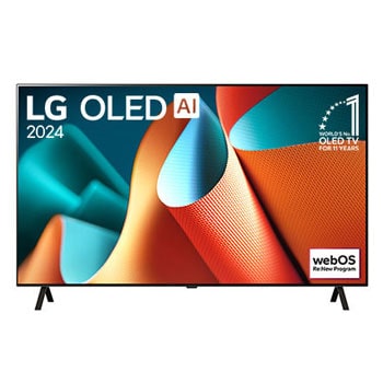 Čelní pohled na televizor LG OLED, OLED AI B4E, s emblémem 11 let světové jedničky OLED a logem programu webOS Re:New na obrazovce s dvousloupkovým stojanem