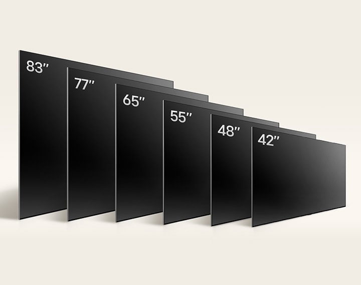 Srovnání různých velikostí televizorů LG OLED TV, OLED C4, ukazuje OLED C4 42", OLED 48", OLED C4 55", OLED C4 65", OLED C4 77" a OLED C4 83".