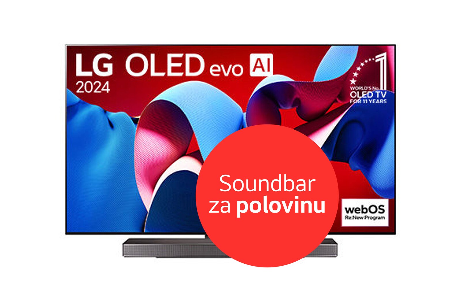 Front view with LG OLED evo TV, OLED C4, 11 Years of world number 1 OLED Emblem logo and webOS Re:New Program logo on screen, as well as the Soundbar below