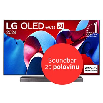 Front view with LG OLED evo TV, OLED C4, 11 Years of world number 1 OLED Emblem logo and webOS Re:New Program logo on screen, as well as the Soundbar below