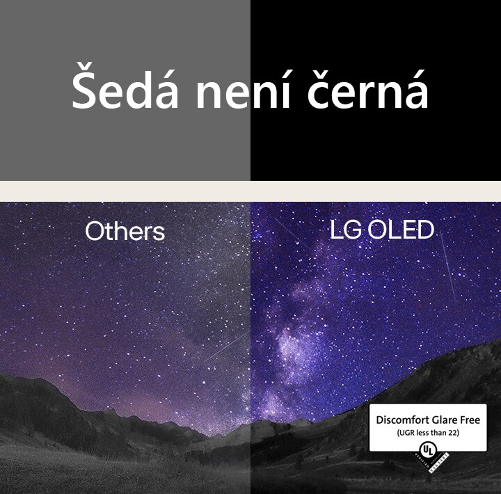 Mléčná dráha vyplňuje noční oblohu nad kaňonem. Nad obrázkem je bílými velkými písmeny na černém pozadí napsáno „šedá není černá“. Obrazovka je rozdělena na dvě strany označené „Ostatní“ a „LG OLED“. Druhá strana má výrazně nižší jas a kontrast, zatímco strana LG OLED je jasná a kontrastní. Strana LG OLED má také certifikaci Discomfort Glare Free (bez nepříjemného oslnění).