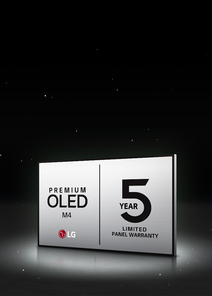 Logo LG OLED Care+ a 5letá záruka na černém pozadí.