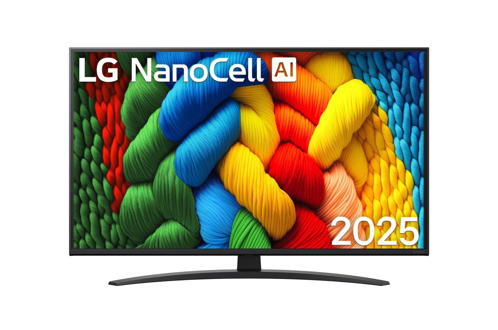 Front view of NanoCell TV, LG NanoCell Al Logo on the top corner. LG NanoCell NANO80 TV depicts colorful paintike textures coming together.