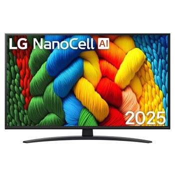 Front view of NanoCell TV, LG NanoCell Al Logo on the top corner. LG NanoCell NANO80 TV depicts colorful paintike textures coming together.