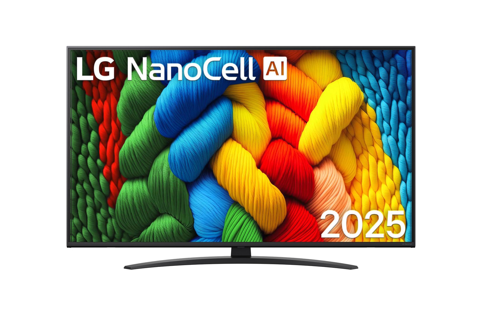 Čelní pohled na NanoCell TV, logo LG NanoCell Al v horním rohu. LG NanoCell NANO80 TV zobrazuje barevné kreslené textury, které se spojují.