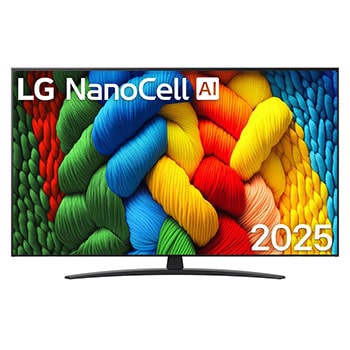 Čelní pohled na NanoCell TV, logo LG NanoCell Al v horním rohu. LG NanoCell NANO80 TV zobrazuje barevné kreslené textury, které se spojují.