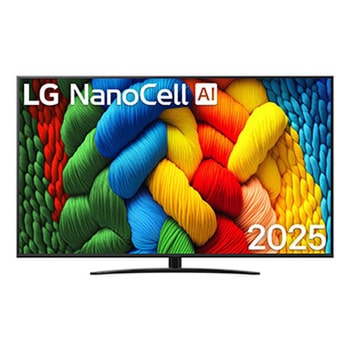Čelní pohled na NanoCell TV, logo LG NanoCell Al v horním rohu. LG NanoCell NANO80 TV zobrazuje barevné kreslené textury, které se spojují.