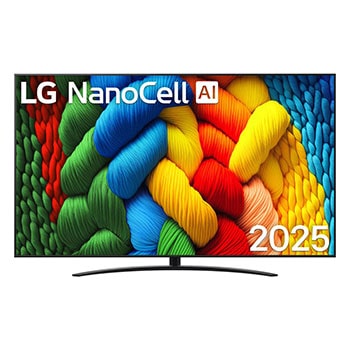 Čelní pohled na NanoCell TV, logo LG NanoCell Al v horním rohu. LG NanoCell NANO80 TV zobrazuje barevné kreslené textury, které se spojují.