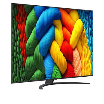 Pohled zepředu a z boku na LG NanoCell NANO80 AI 4K Smart TV s rozměry na délku, šířku, výšku a hloubku.