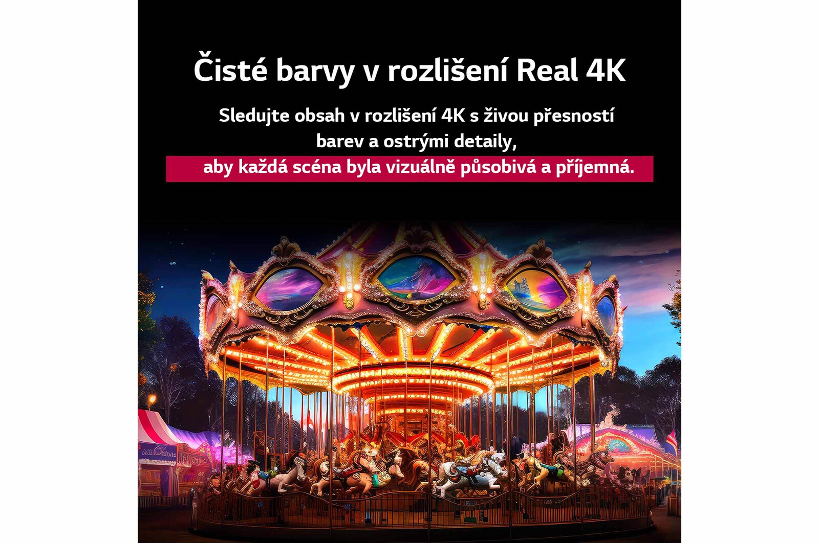 Srovnání před a po, jak LG 4K Super Upscaling zlepšuje kvalitu obrazu. Dva panely se stejným obrázkem barevného ptáka sedícího na větvi v lese, panel vpravo je vybledlý. Titulek pojednává o tom, jak 4K Super Upscaling zvyšuje rozlišení, jas a čistotu. 