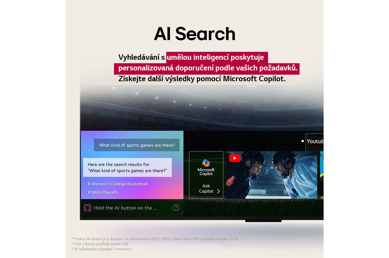 Detail obrazovky televizoru LG TV zobrazující, jak funguje funkce AI Search. Otevře se malé okno chatu, ve kterém se zobrazí, jak se uživatel ptal na nabídku sportovních her. Funkce AI Search reagovala prostřednictvím chatu a zobrazováním miniatur dostupného obsahu. Zobrazí se také výzva, abyste se obrátili na Microsoft Copilot. 