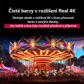 Srovnání před a po, jak LG 4K Super Upscaling zlepšuje kvalitu obrazu. Dva panely se stejným obrázkem barevného ptáka sedícího na větvi v lese, panel vpravo je vybledlý. Titulek pojednává o tom, jak 4K Super Upscaling zvyšuje rozlišení, jas a čistotu. 