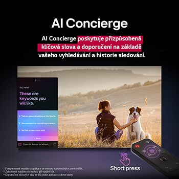 Dálkový ovladač LG AI Magic Remote před obrazovkou LG TV. Na obrazovce je personalizovaný pozdrav od LG AI s vlastními klíčovými slovy založenými na uživatelově historii vyhledávání a sledování. U ovladače se nachází ikona a označení znázorňující, že funkci AI Concierge lze jednoduše aktivovat jedním krátkým stisknutím AI tlačítka. 