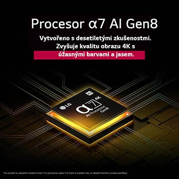Procesor alpha 7 AI Gen8 se rozsvítí žlutě a vystřelí z něj barevné světelné paprsky. Titulek pojednává o tom, jak procesor poskytuje 4K kvalitu, ohromující barvy a jas.