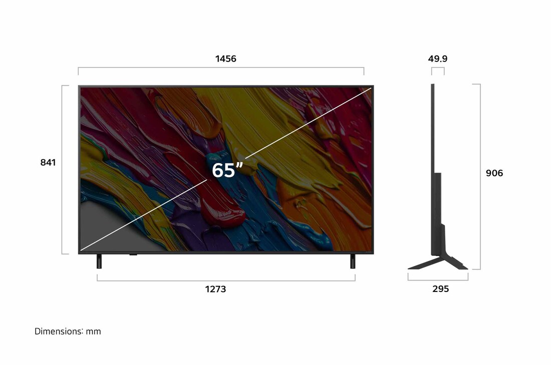Pohled zepředu a z boku na LG QNED82 AI 4K Smart TV s rozměry na délku, šířku, výšku a hloubku.