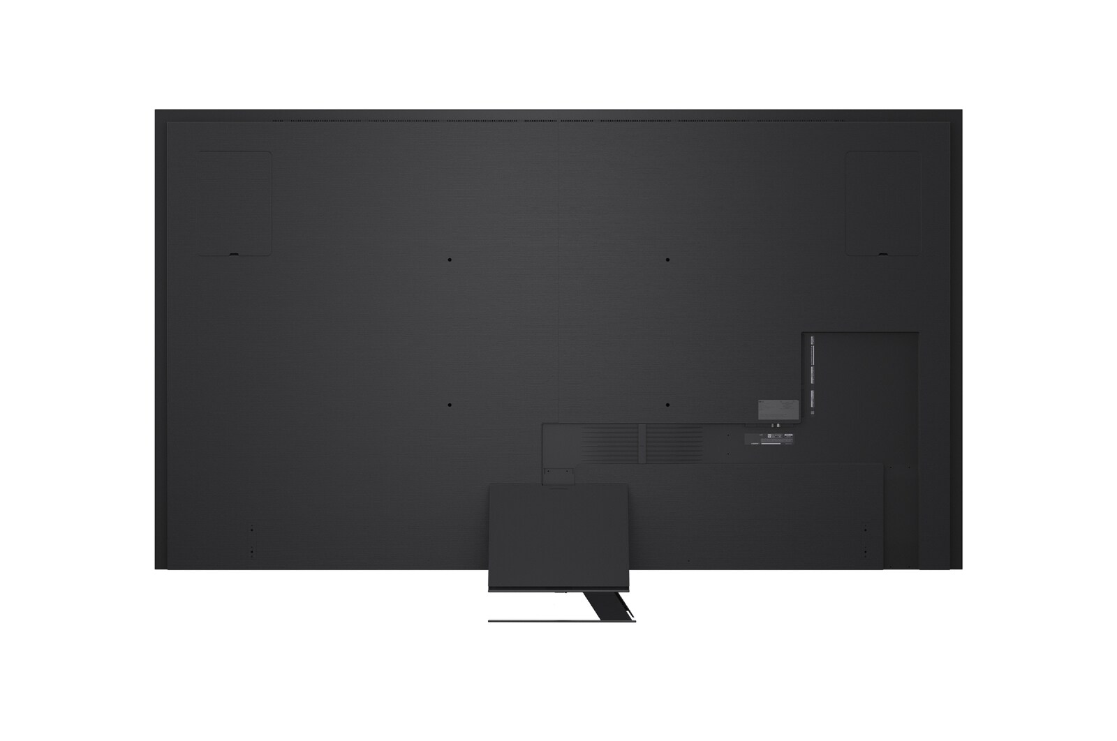 Pohled zepředu a z boku na LG QNED evo AI QNED86 4K Smart TV s rozměry na délku, šířku, výšku a hloubku.